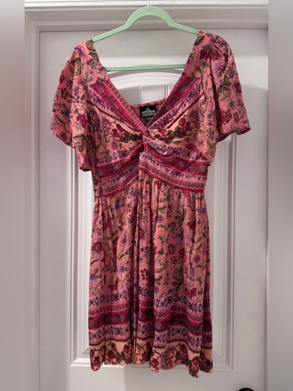 Angie Pink Floral Twist-Front Flutter Midi Dress